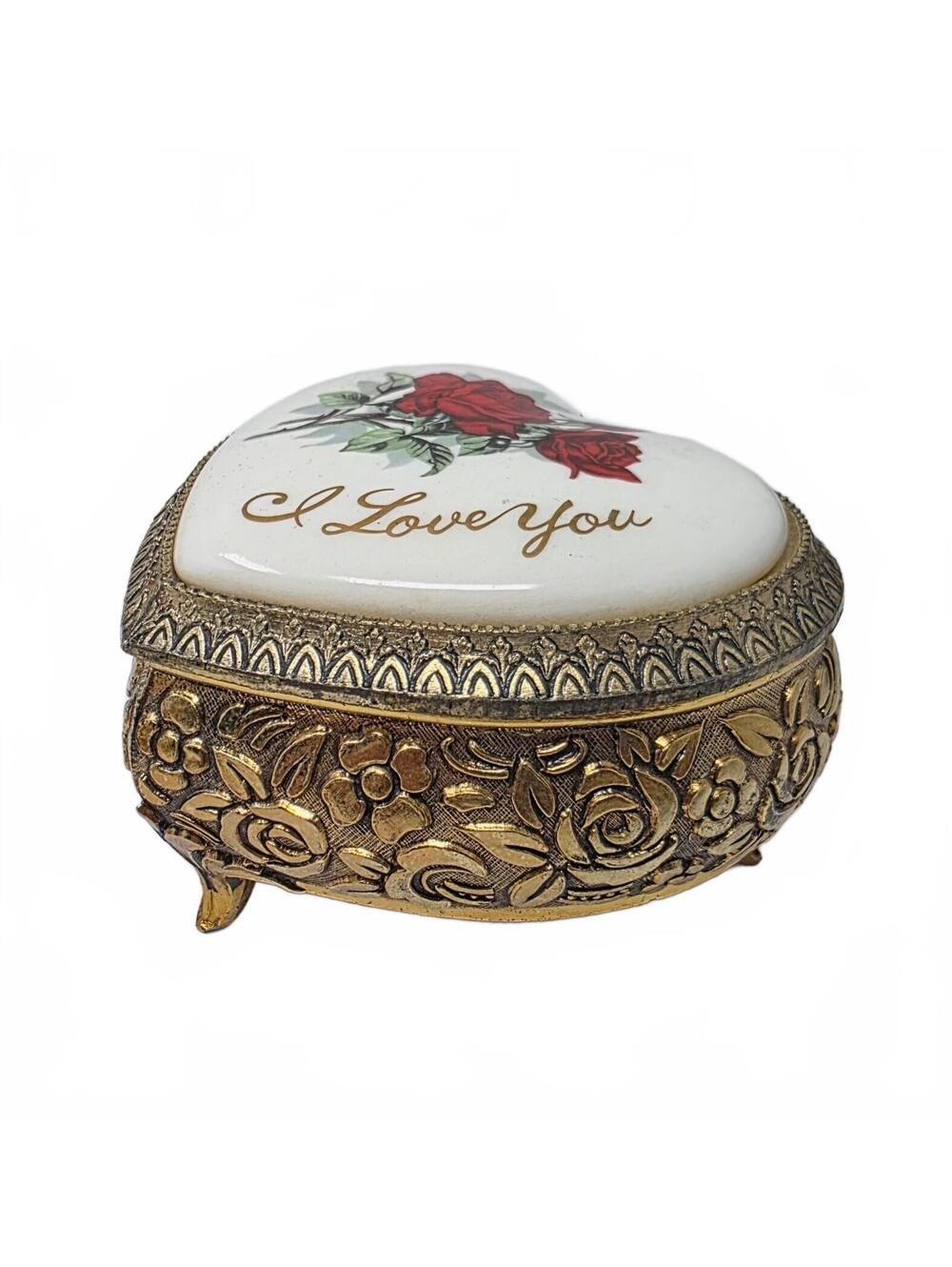 Vintage Sankyo Heart Music Box I Love You Red Roses Jewelry Box